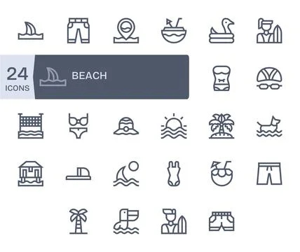 Beach Vector Icon Set with 24 Bold Line 128x128 Pixel Optimized Graphics Stock Illustration
