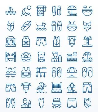 Beach Vector Icon Set with 42 Regular Line 128x128 Editable Graphics Illustrazione stock