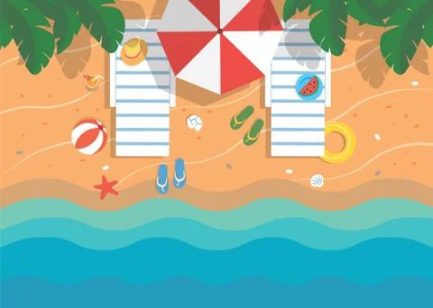 Beach view from above, flat summer illustration. Two chaise longues, umbrella Stock-Illustration
