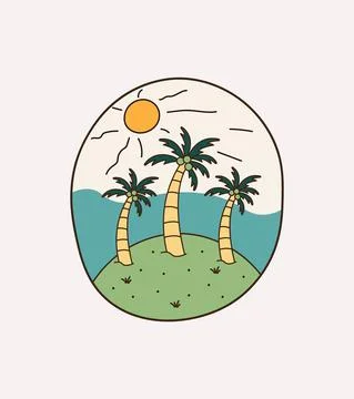 Beach view and three coconut trees ,badge patch pin graphic illustration イラスト素材