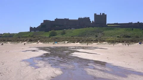 Beach view of Bamburgh Castle Stock Footage 156164177