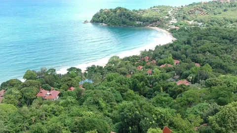 Beach view from high elevation over green trees, aerial shot Stock Footage 136878122