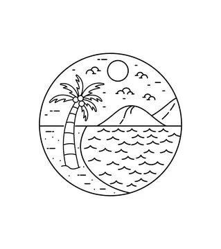 Beach view with mountain backdrop mono line art Ilustração Stock