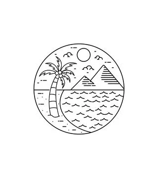 Beach view with mountain backdrop mono line art Stock Illustration