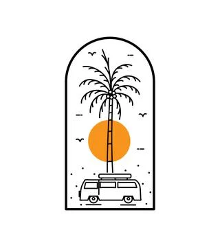 Beach view with palm trees and car camping in mono line art Stock Illustration