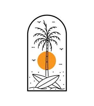 Beach view with palm trees and surfboard in mono line art, patch badge design Ilustración de archivo