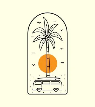 Beach view with palm trees and car surfboard in mono line art Illustrazione stock