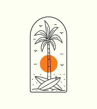 Beach view with palm trees and surfboard in mono line art, patch badge design Ilustración de archivo