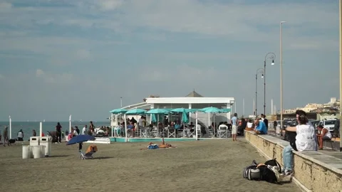 Beach view with rescue tower and cafe called "al curvone" Stock Footage 218240763