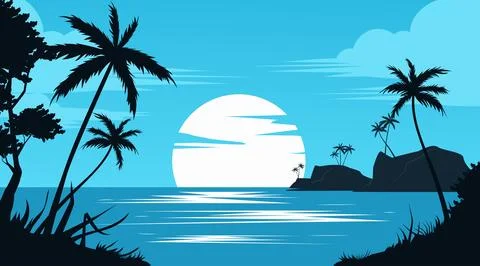 Beach view with silhouettes of coconut trees, shades of blue Stock Illustration