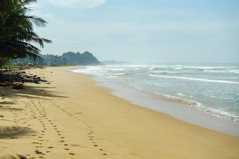 Beach view with wavy ocean and light fog over the beach Stock Photos