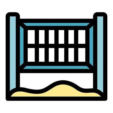 Beach volleyball net standing on sandy beach court, ready for summer game Illustration