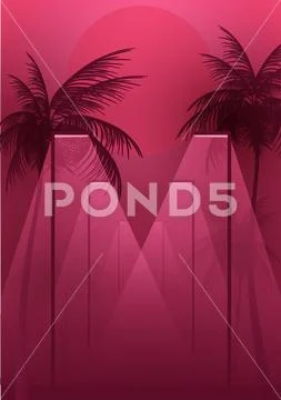 Beach Walkway at Night with Moonlight and Palm Trees - Vector Illustration. Stock Illustration