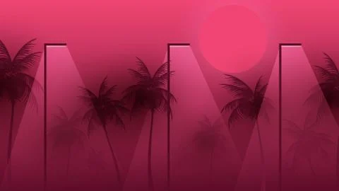 Beach Walkway at Night with Moonlight and Palm Trees  - Vector Illustration. Stock Illustration