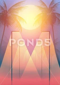 Beach Walkway at Night with Moonlight and Palm Trees - Vector Illustration. Stock Illustration
