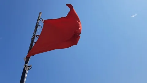 Beach warning red flag on the blue sky, the wind. Water is closed to swimming. Stock Footage 128507160