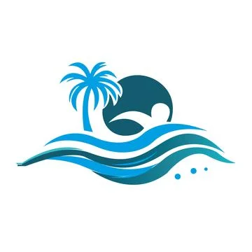 Beach wave with Palm tree logo design with sunset concept idea for summer symbol Illustrazione stock