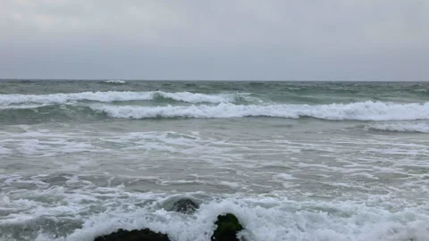 Beach Waves On Cloudy gloomy Day Stock Footage 269583239