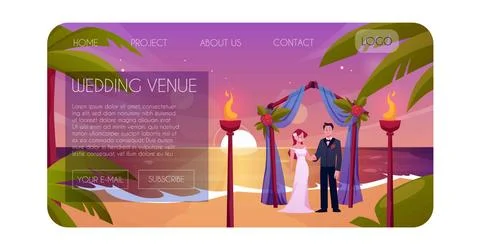 Beach wedding ceremony website page. Sea, sand, arch, bride and groom on sunset Stock Illustration