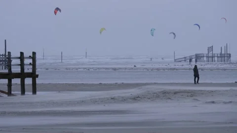 Beach in winter in St. Peter-Ording, Germany Stock Footage 168578797