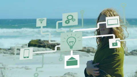 On beach, woman using animation of technology icons and network connections Stock Footage 305262133