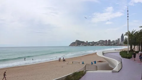 Beachfront and promenade in Benidorm, Costa Blanca, Spain Stock Footage 333900152
