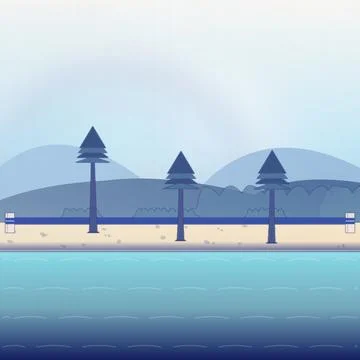 Beachfront coastal scene with pebble beach, shore-break surf, and stone-post rai Stock Illustration