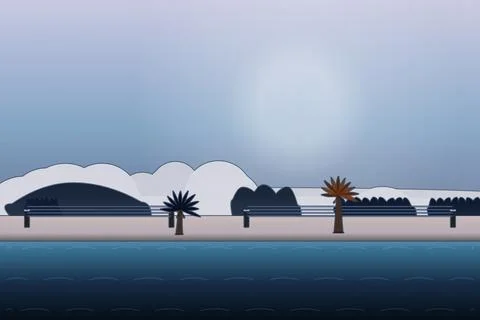 Beachfront coastal scene with radial light sky, coastal mountain ridge, and top Stock Illustration