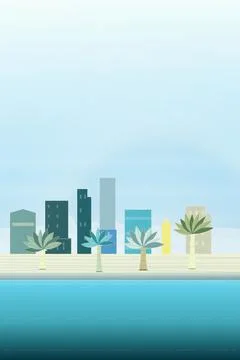 Beachfront coastal scene with sand beach, coastal trees, and picket fence Stock Illustration