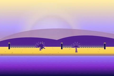 Beachfront coastal scene with soft glow sky, coastal mountain ridge, and top mis Stock Illustration