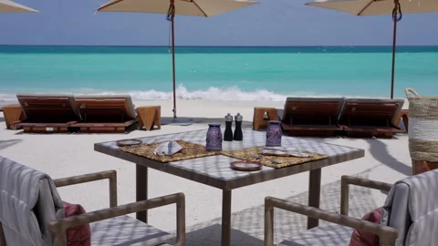Beachfront Dining Setup at The Ritz-Carlton Maldives Stock Footage 341100649