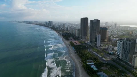 Beachfront Drone Shot of Da Nang Skyline, Vietnam Stock Footage 240884716