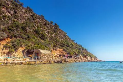 Beachfront Huts at Cap Serrat Beach, Bizerte, Tunisia Stock Photos