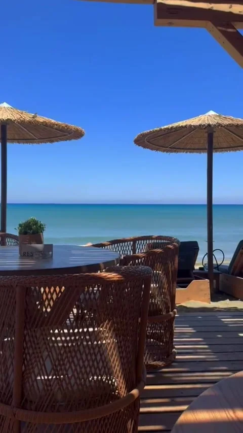 Beachfront Restaurant Dining Area with Food - Vertical 4K 스톡 동영상 336340174