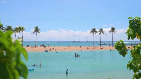 Beachfront view with people enjoying water activities in Honolulu, Hawaii i.. Stock Footage 288564314