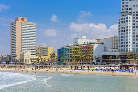 Beachgoers at Frishman Beach - april 7th 2017, Tel Aviv-Yafo, Israel Stock Photos