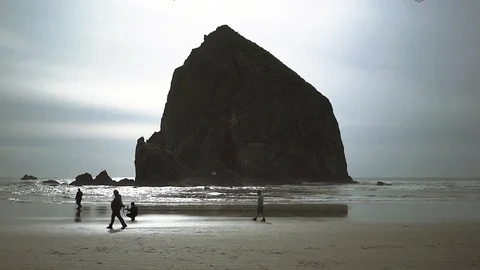 Beachgoers stroll in front of Haystack Rock at Cannon Beach Video stock 109247574
