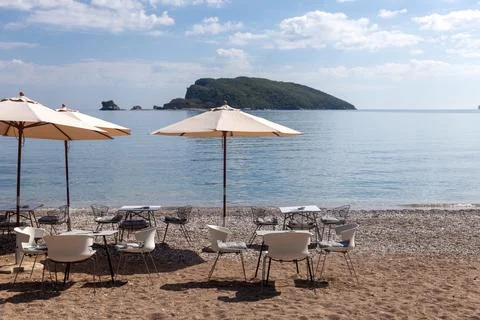Beachside Cafe with Umbrellas Stock Photos