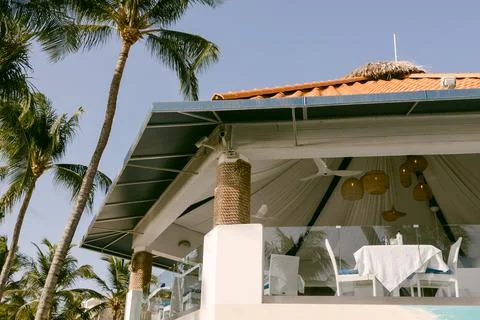 Beachside dining at a tropical restaurant surrounded by palm trees under a clear Stock Photos