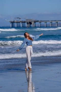 Beachside Elegance: A Day of Serenity by La Jolla Pier with Radiant Blue S... Stock Photos