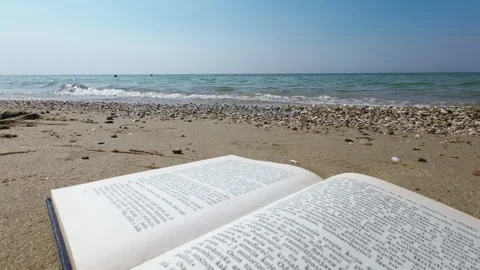 Beachside Relaxation: Open Book and Sea Waves Stock Footage 250469542