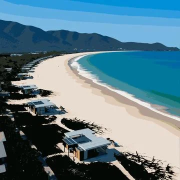 Beachside resort with palm trees and clear blue water Ilustración de archivo