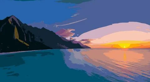 Beachside resort with palm trees and clear blue water Ilustración de archivo
