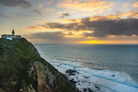 Beacon on Cabo da Roca or Cape Roca attraction of Portugal Stock Photos