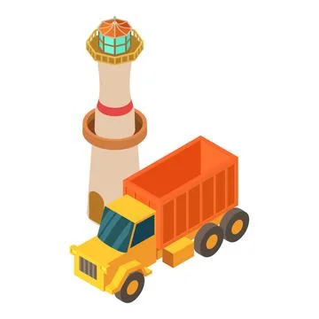 Beacon construction icon isometric vector. Yellow dump truck near light house 스톡 일러스트