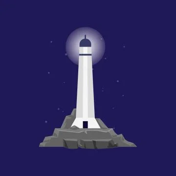 Beacon or lighthouse building on rocks at night flat cartoon vector illustration Ilustración de archivo
