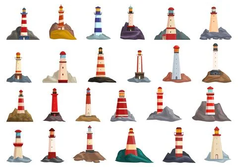 Beacon tower on cliff icons set cartoon vector. Rock coast Stock Illustration