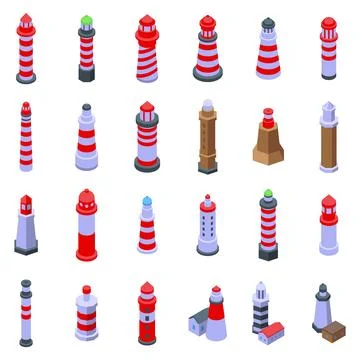 Beacon tower cliff icons set isometric vector. Rock lighthouse Stock Illustration