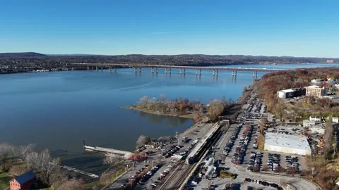 Beacon Train Station and Hudson River Aerial View in Autumn, New York State, USA Video stock 329384691