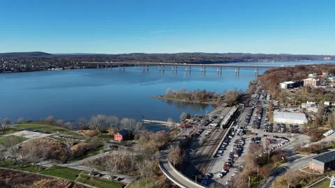 Beacon Train Station and Hudson River Aerial View in Autumn, New York State, USA Video stock 329384694